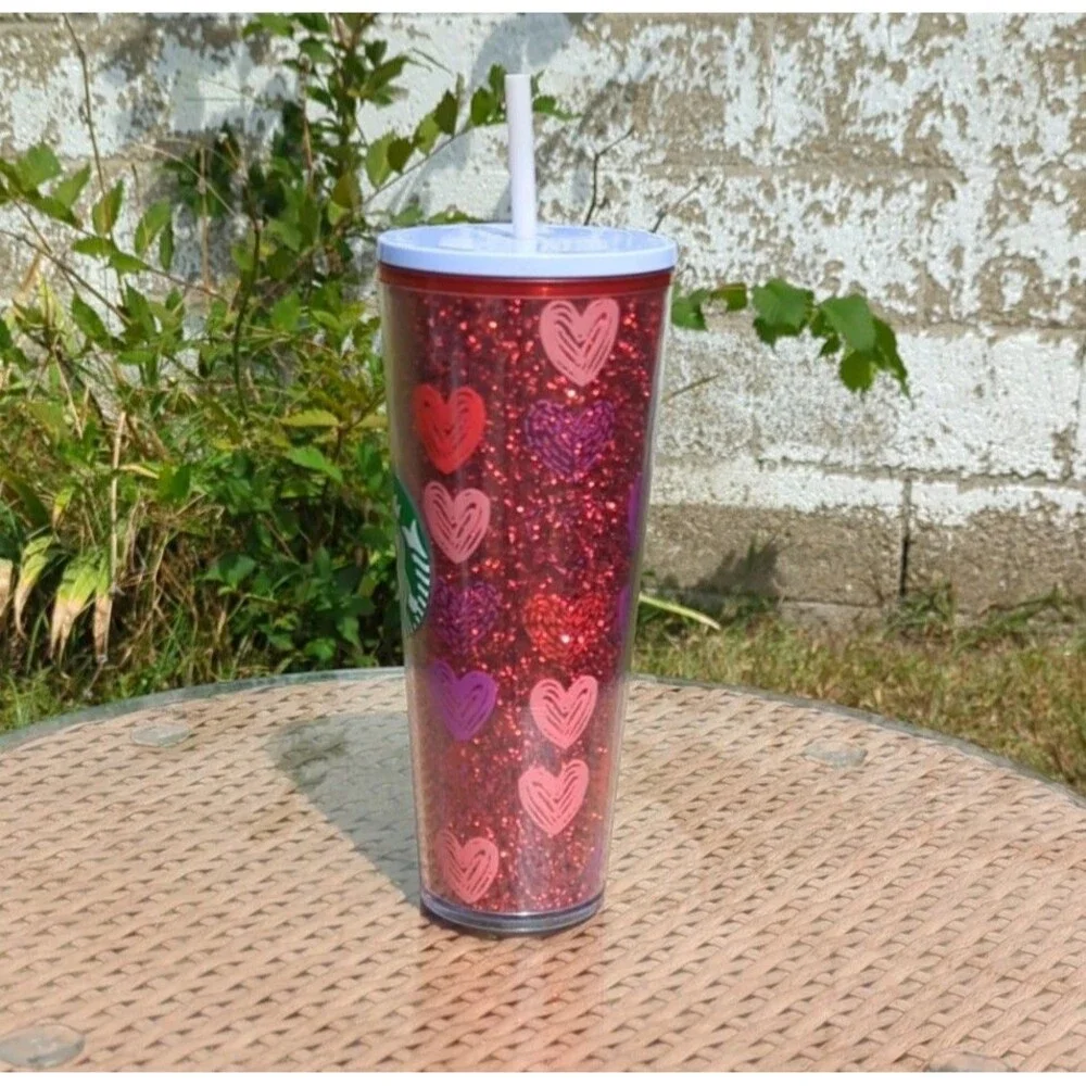 Starbucks Valentine's Day 2022‎ Red Glitter & Hearts Tumbler. 24 fl oz Venti